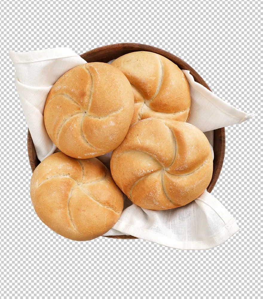 Basket of round bread rolls with clean background removed.