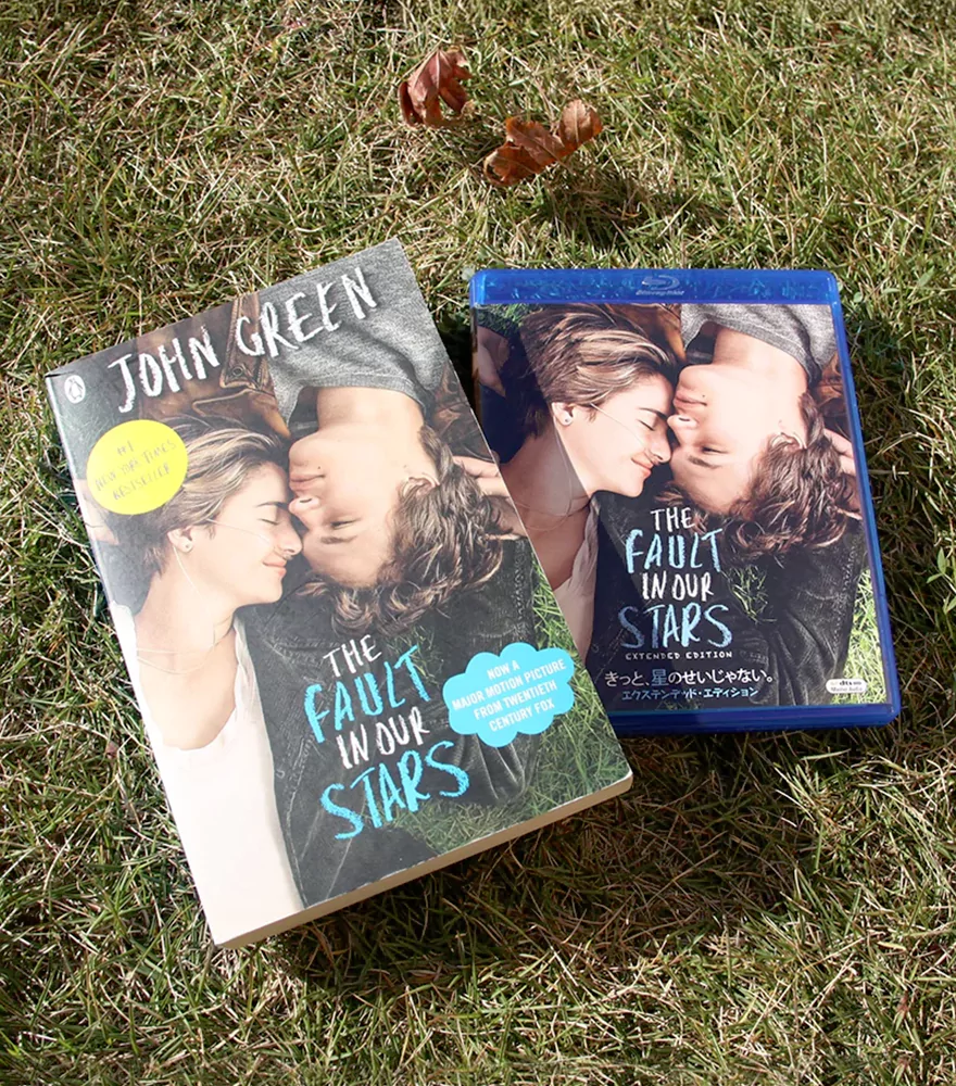 Original image of books and DVDs on grass with shadows and debris.