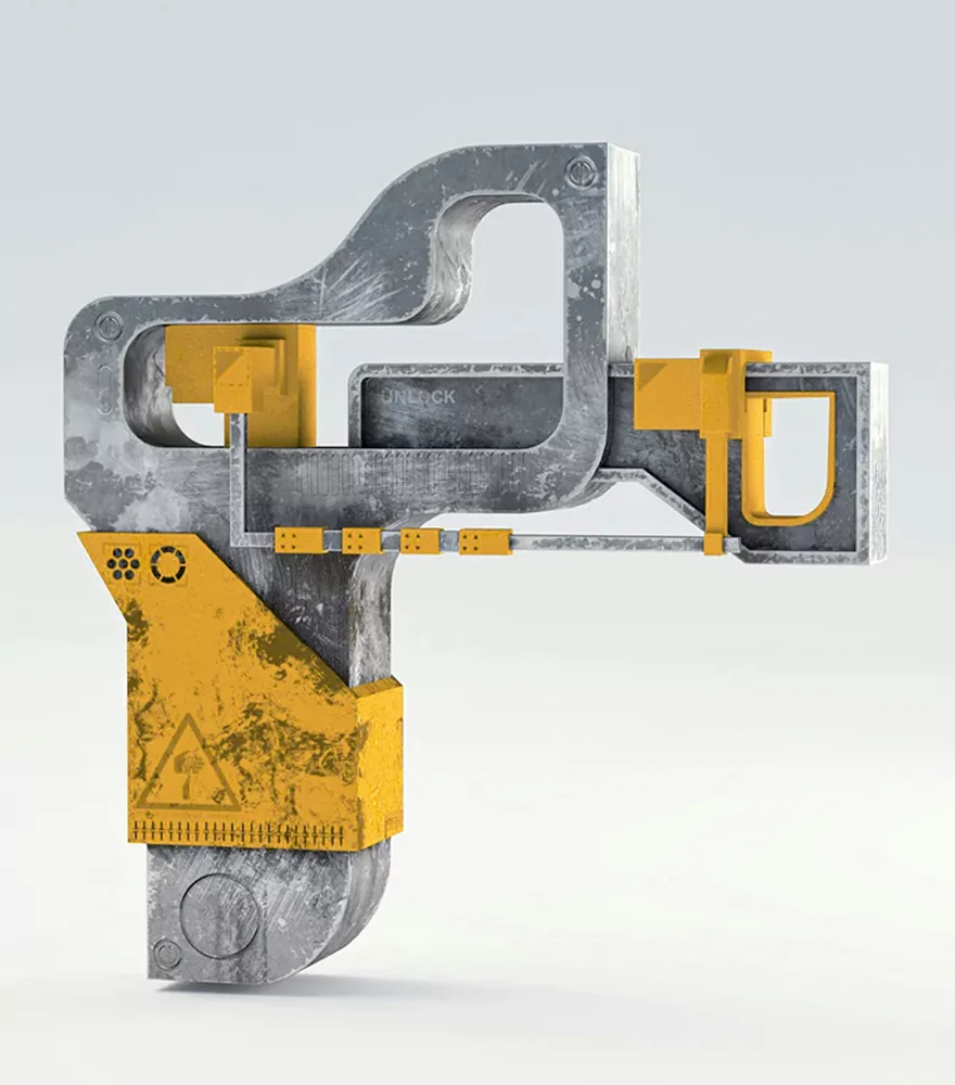 Mechanical 3D object with gray studio background.