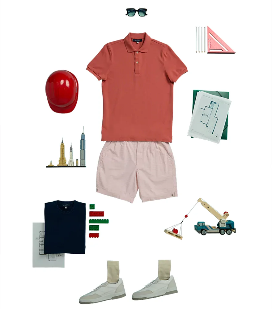 Multi-item outfit collection clipped and arranged on pure white background.