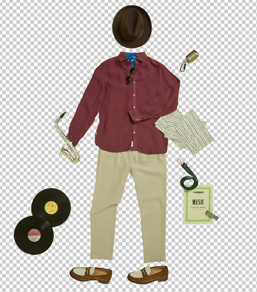 Jazz outfit and accessories isolated on a transparent background.