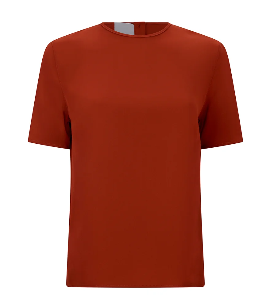 Rust-colored t-shirt shown with ghost mannequin effect and neck area digitally completed.