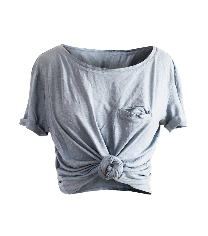 Tied crop top shown without mannequin using ghost mannequin technique on transparent background.