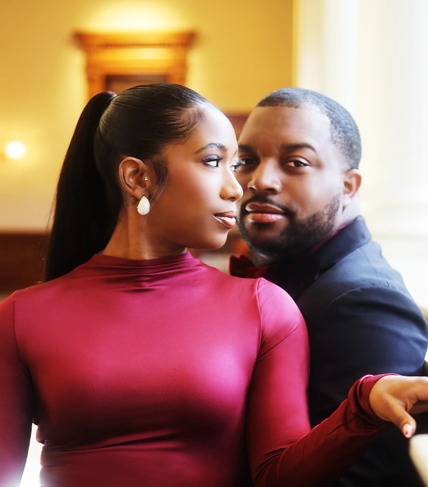 High-resolution image of a couple in formal attire after noise reduction and sharpening.