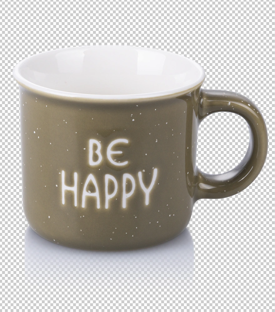 Mug with 'Be Happy' text isolated on transparent background with added realistic shadow.