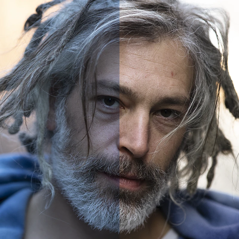 Half-retouched image showing difference between unedited and color-corrected portrait.