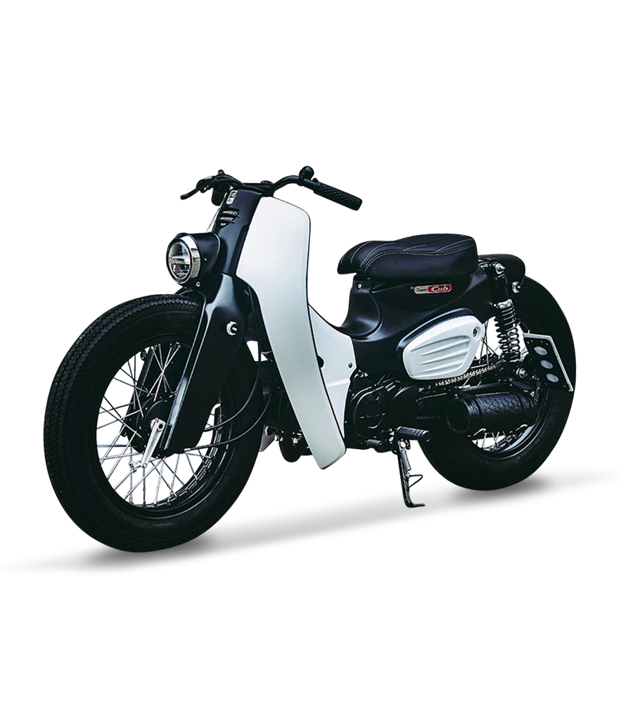 Stylish black and white motorcycle isolated on transparent background.