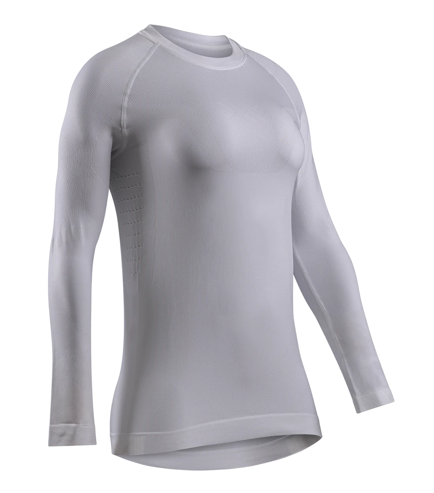 Long-sleeve white shirt with ghost mannequin editing and visible interior collar stitching.