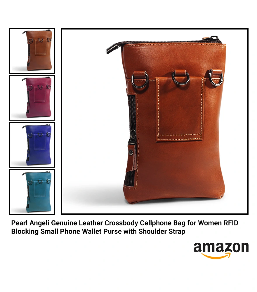 Optimized Amazon product image of a brown leather crossbody phone bag with multiple color swatches.