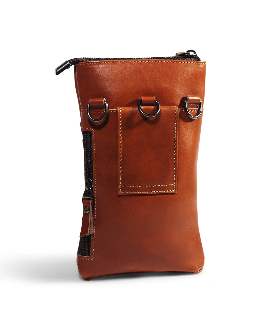 Original uncompressed image of a brown leather phone bag on a clean white background.