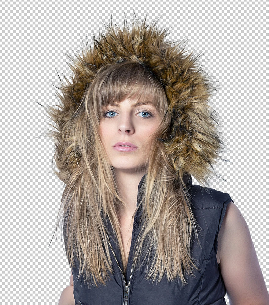 Woman in fur-lined hood extracted using hair and fur masking technique.