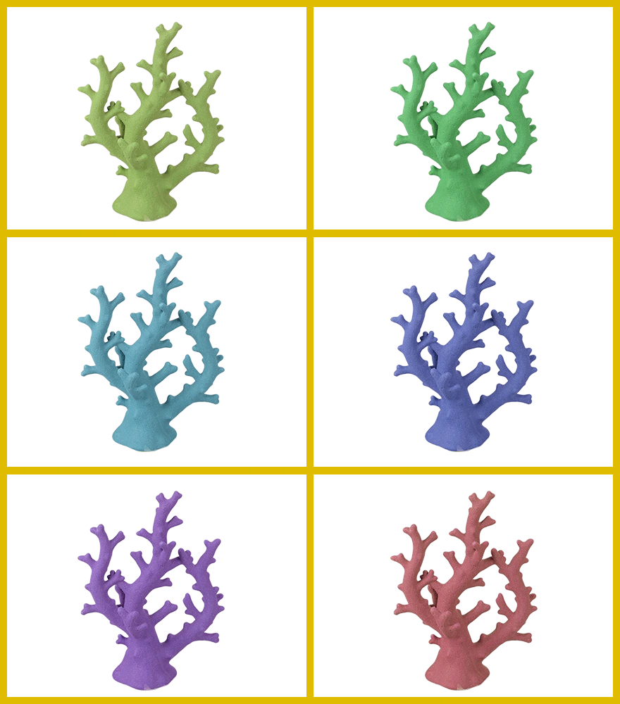 Six coral-shaped artificial decorations in different AI-generated and human-adjusted colors on yellow background.