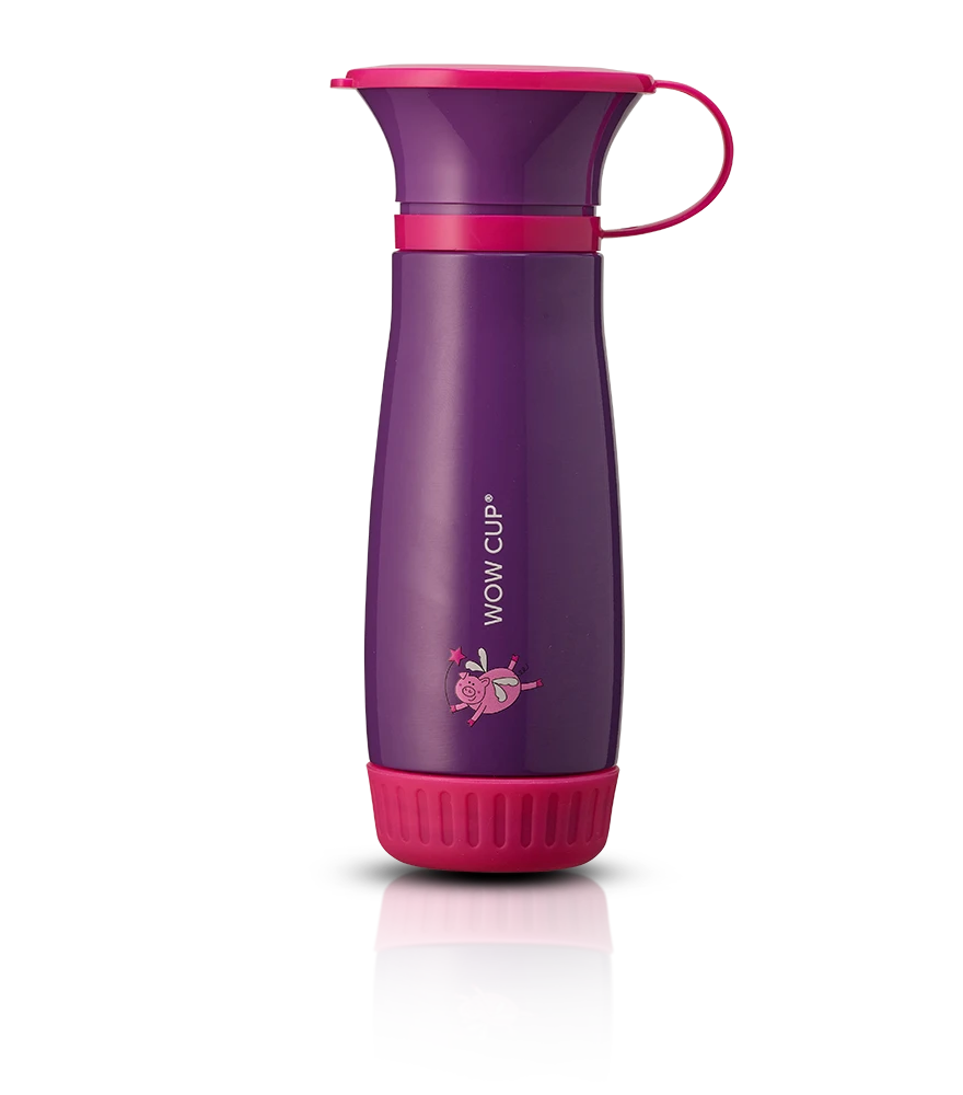 Purple and pink sippy cup with a mirror-like reflection shadow applied.
