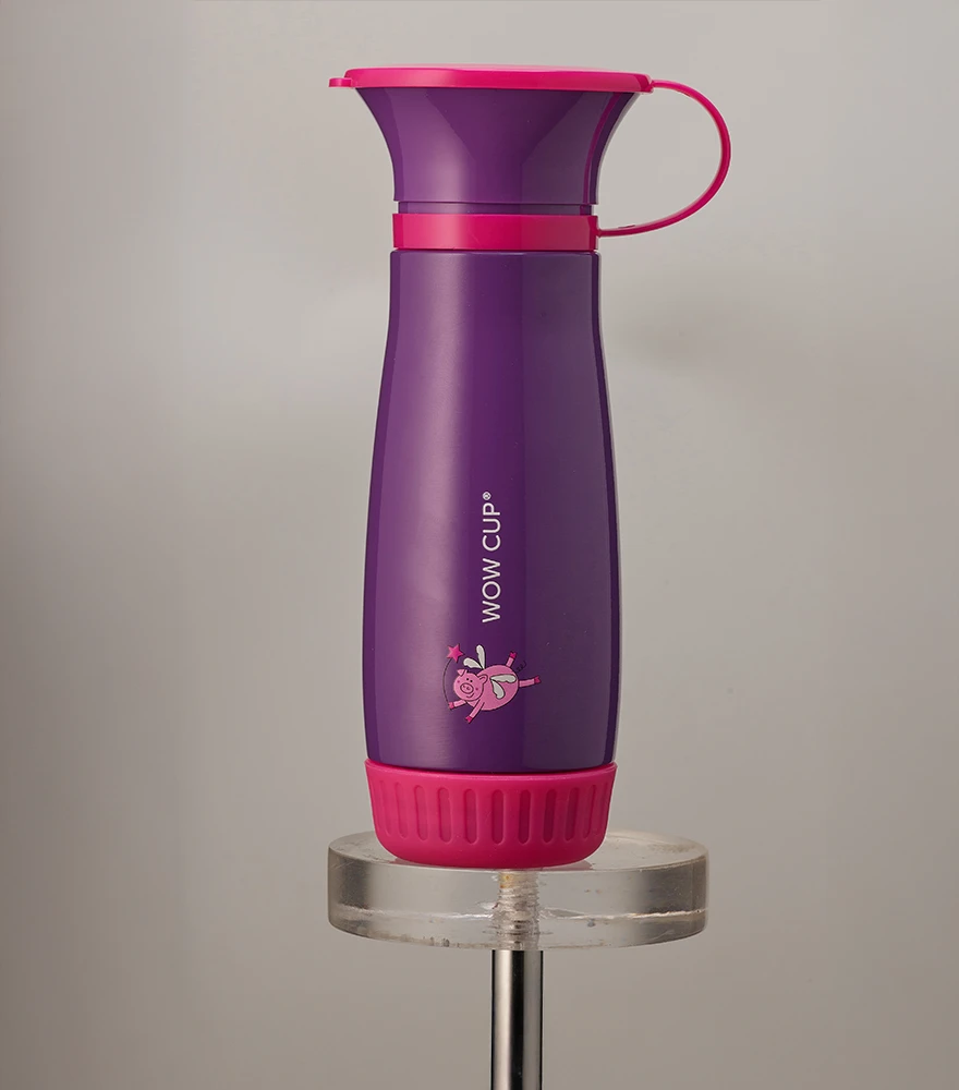 Reflection Shadow (Mirror Effect)_Before Purple sippy cup placed on a visible pedestal with no reflection or retouch.