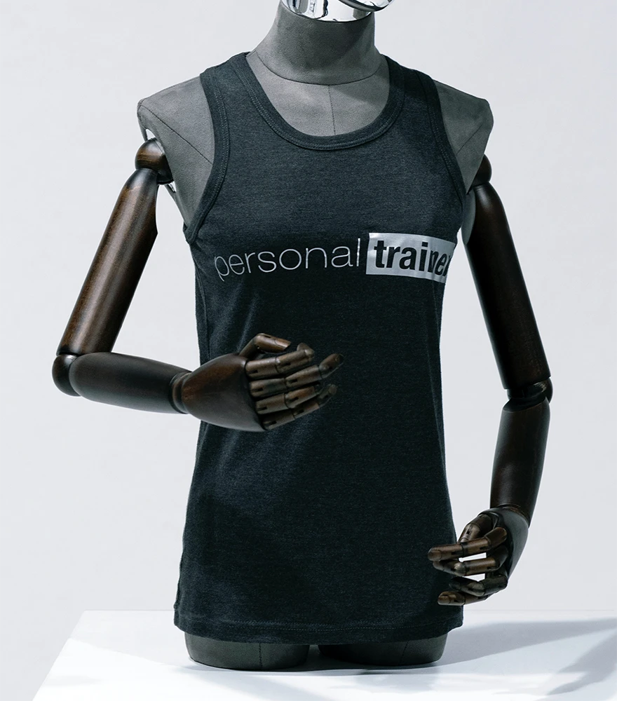 Dark sleeveless tank top on an articulated mannequin displaying visible arms.