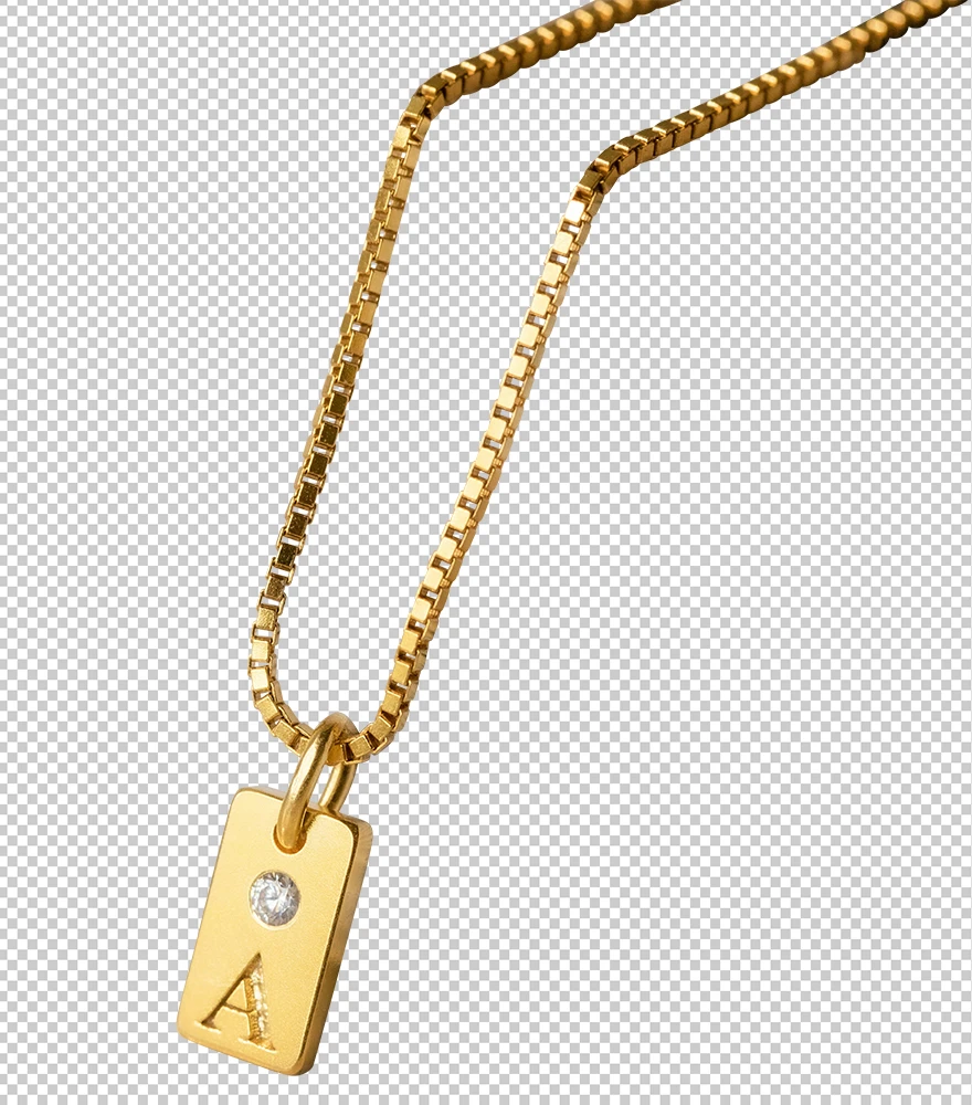 Gold necklace with diamond pendant isolated on transparent background.