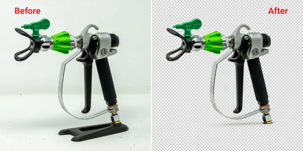 Before and after comparison of an industrial spray gun with background removed.