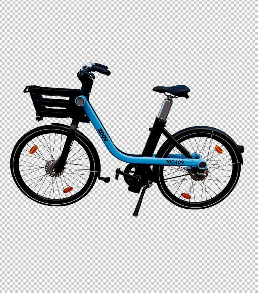 A blue bicycle parked against a blue metal fence before background removal.