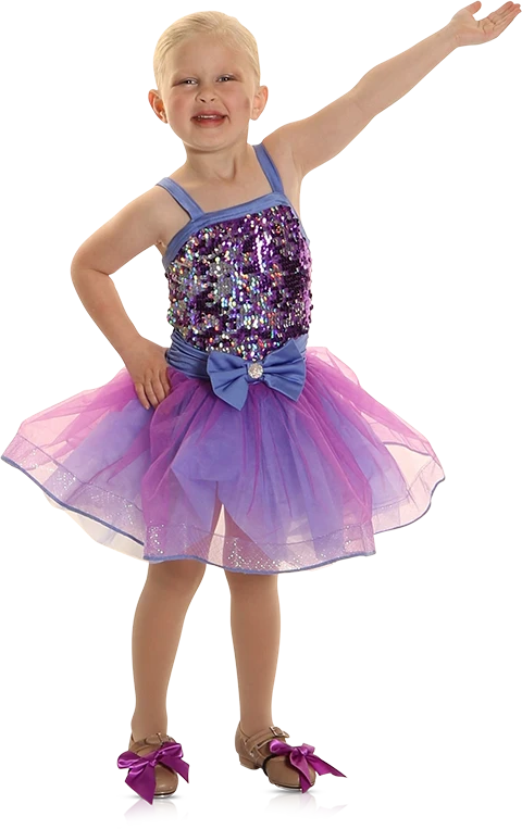 Young girl in a sparkly dance costume waving with a clean cutout background.