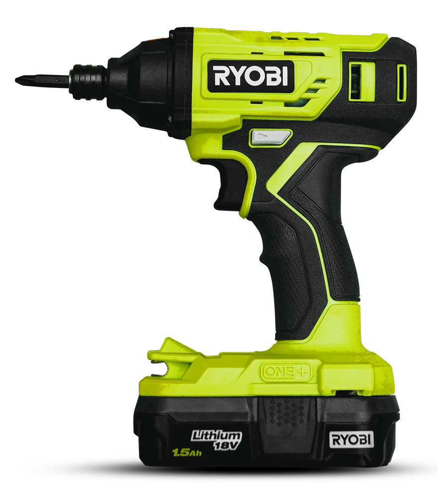 Edited product shot of a cordless power drill with vibrant color and smooth texture.