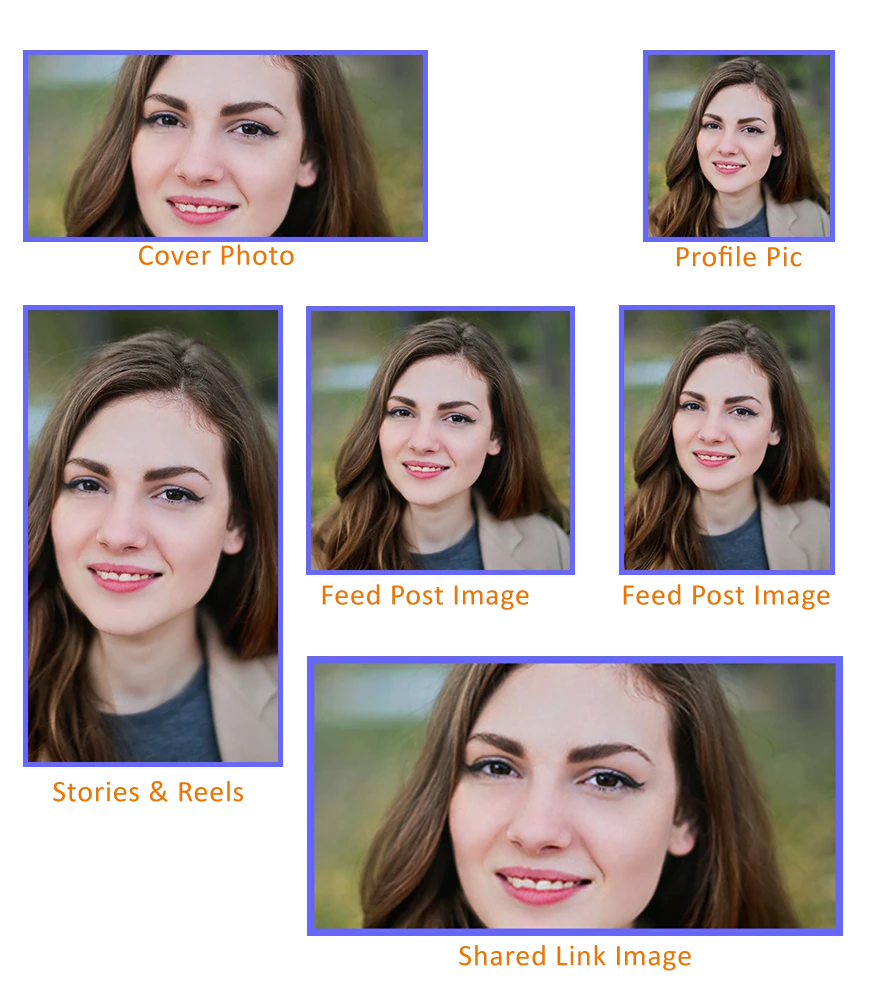 Same portrait cropped into multiple dimensions for cover photo, profile, feed post, reels, and link preview.