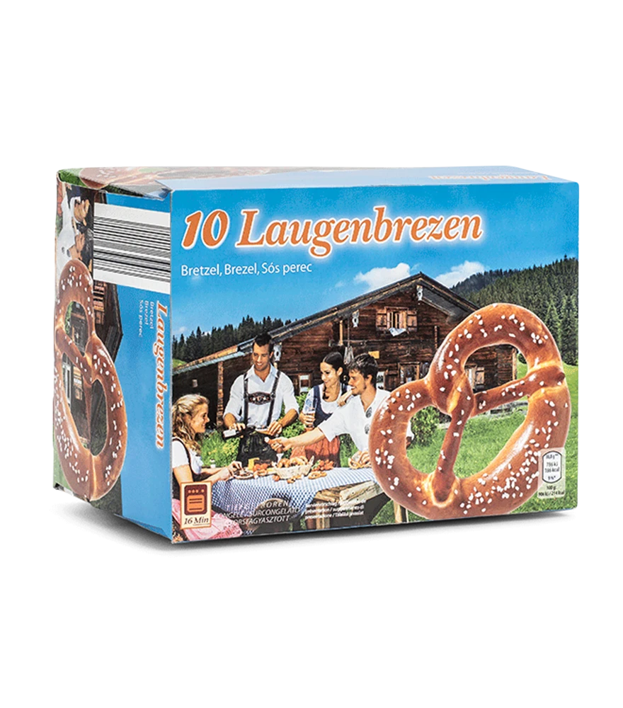 Retouched product image of a frozen pretzel box with a clean background and no dust or scratch marks.