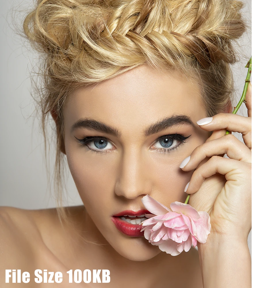 Optimized version of beauty portrait with visually identical quality and only 100KB file size.