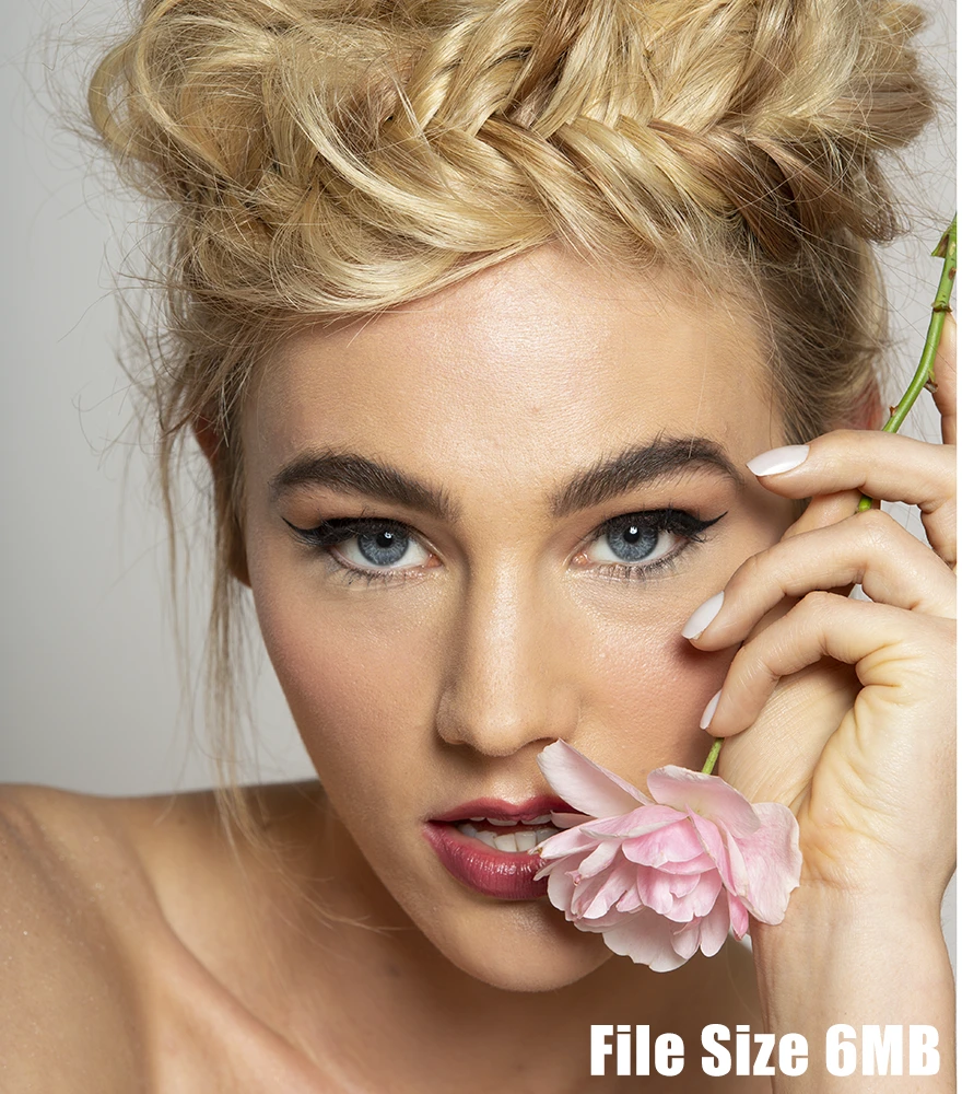 File Optimization for Web & Mobile_Before High-resolution beauty portrait with large file size marked as 6MB.