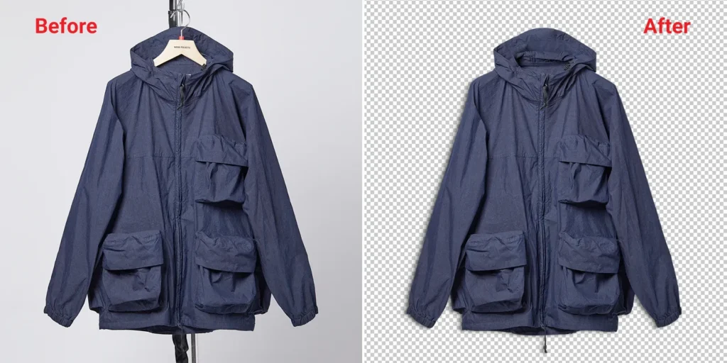 Blue utility-style jacket before and after background and hanger removal.