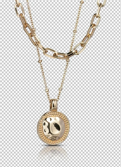 Close-up of a layered gold necklace with a pendant on a transparent background.