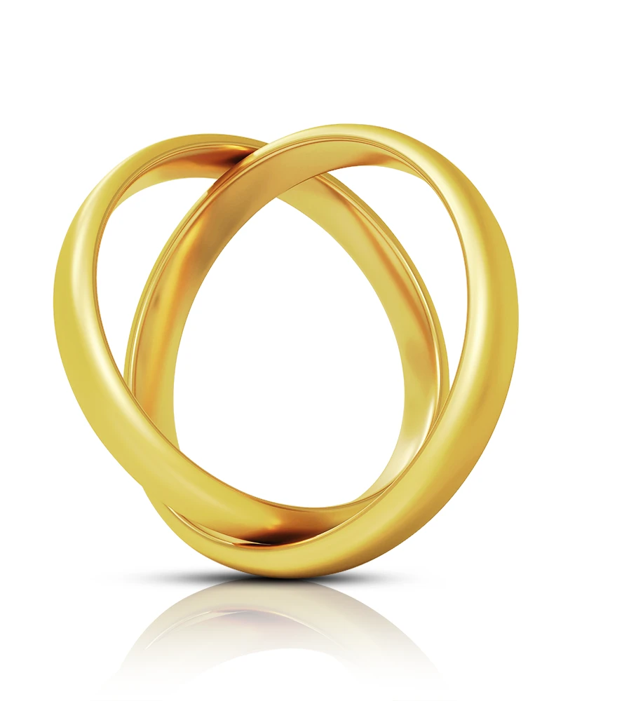 Clean and polished gold ring on white background with reflections and imperfections removed.
