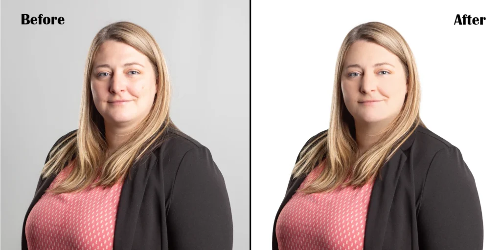 Before and after headshot of a woman in a pink top, showing smoother skin and a white background in the edited version.