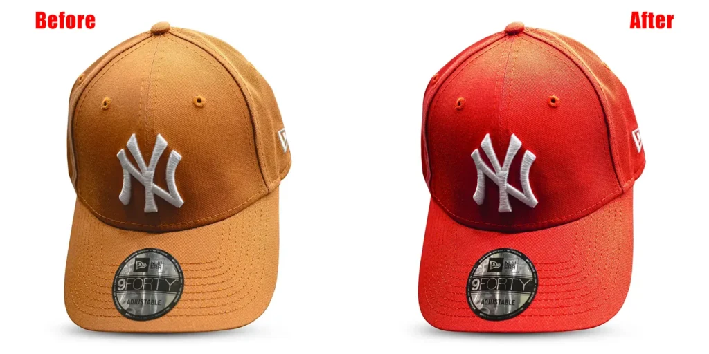 New York Yankees baseball cap recolored from burnt orange to red.