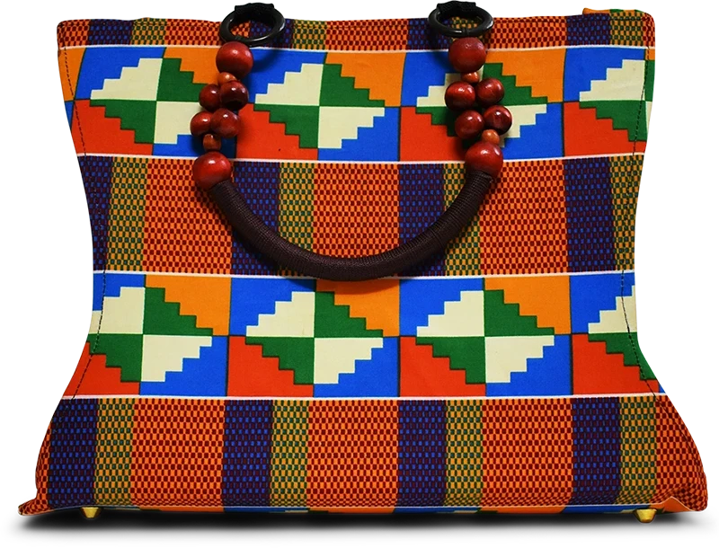 Colorful fabric handbag displayed on a clean background with enhanced colors and contrast.