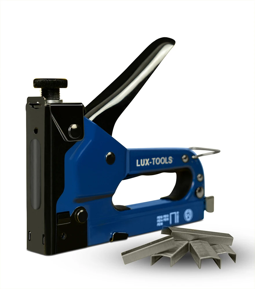 Clean product image of a blue Lux-Tools stapler with bright lighting and white background.