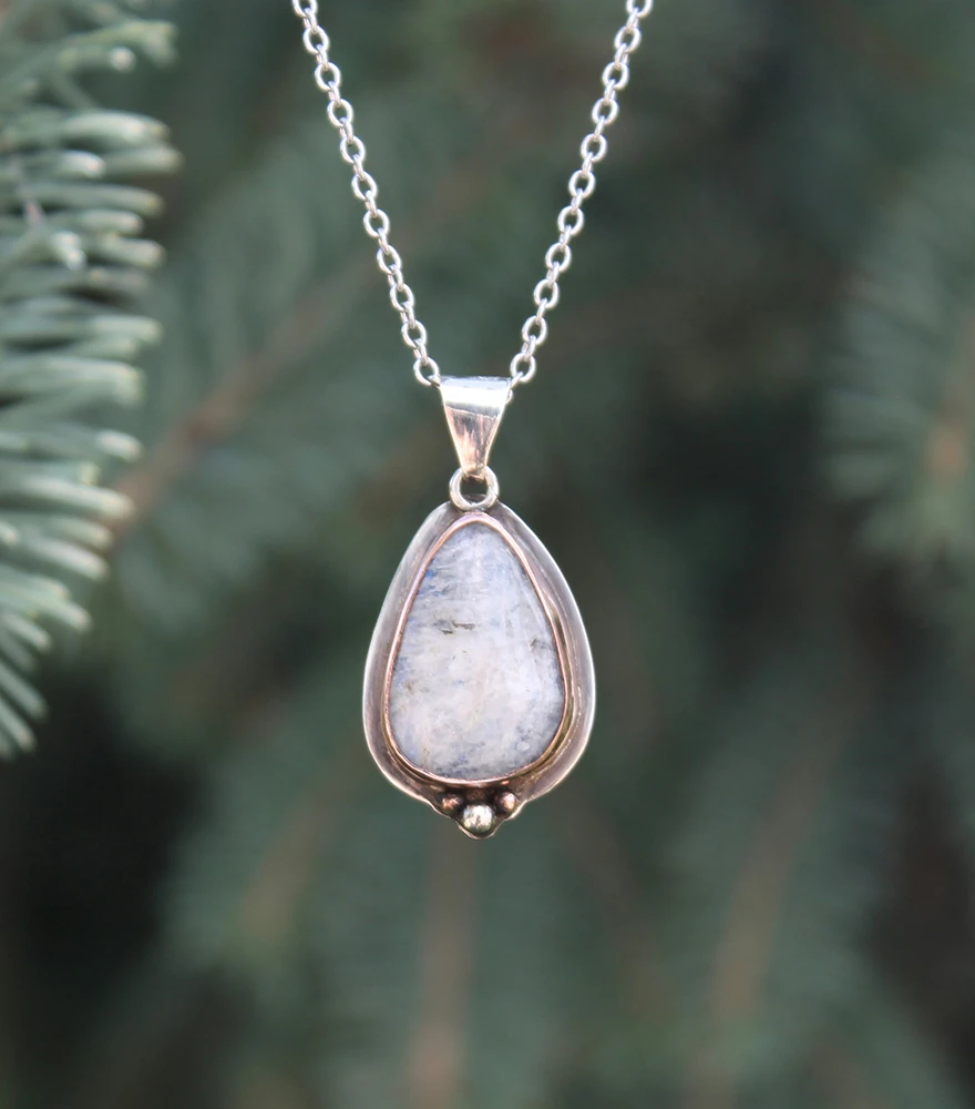 Pendant necklace hanging outdoors over a pine tree background.