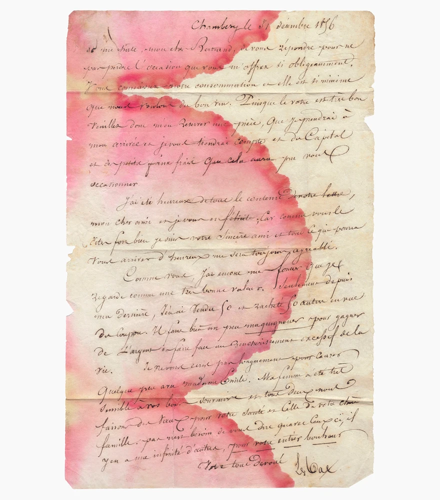 Restoration of Faded Documents & Letters_Before Original aged handwritten letter with severe water damage, stains, and faded ink.