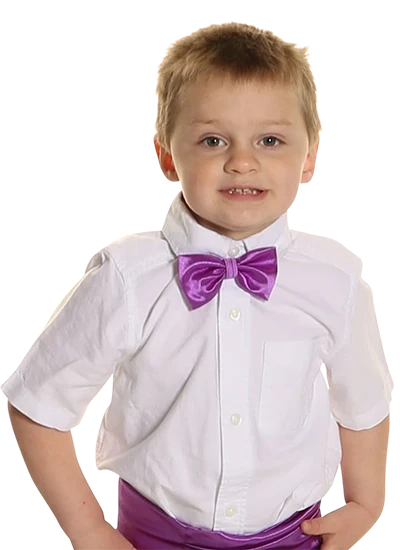Young boy in white shirt and purple bow tie smiling at the camera.
