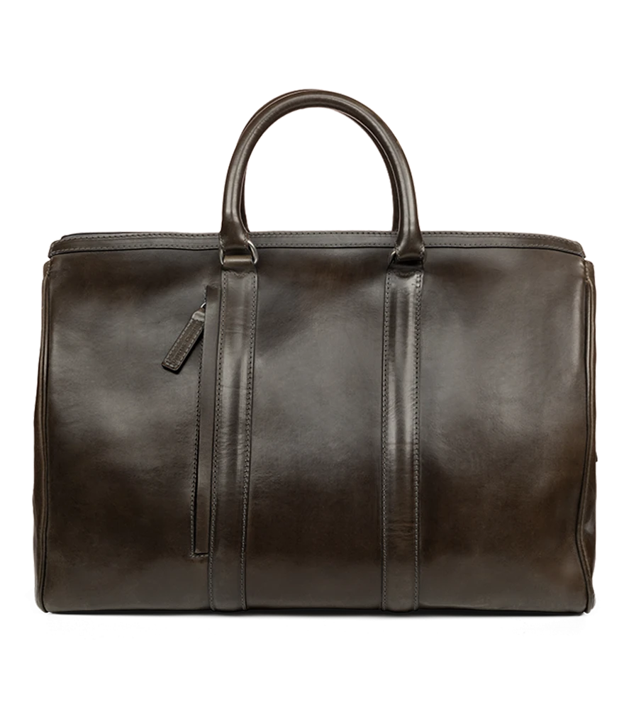 Leather handbag with improved symmetry and refined shape, isolated on a clean background.