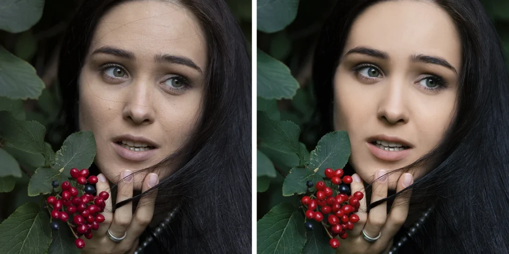 Woman in foliage holding berries — before and after gentle wrinkle removal and skin tone correction.