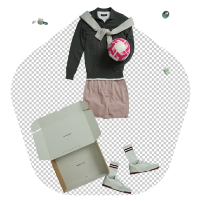 Transparent background showing isolated clothing, shoes, and packaging items.