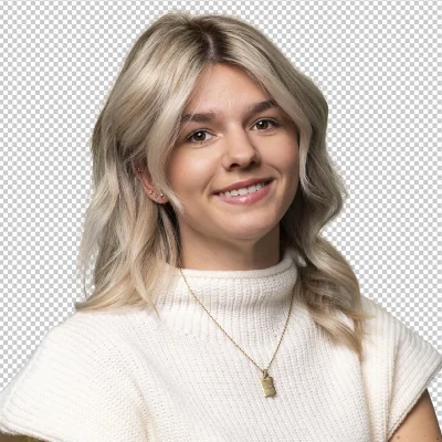 Smiling woman on a transparent background after precise layer masking.