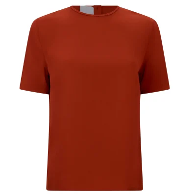 Rust-red t-shirt displayed isolation using ghost mannequin technique.